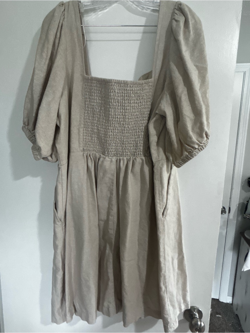 Old Navy Neutral Puff Sleeve Button-Front Midi Dress - Picture 2 of 4